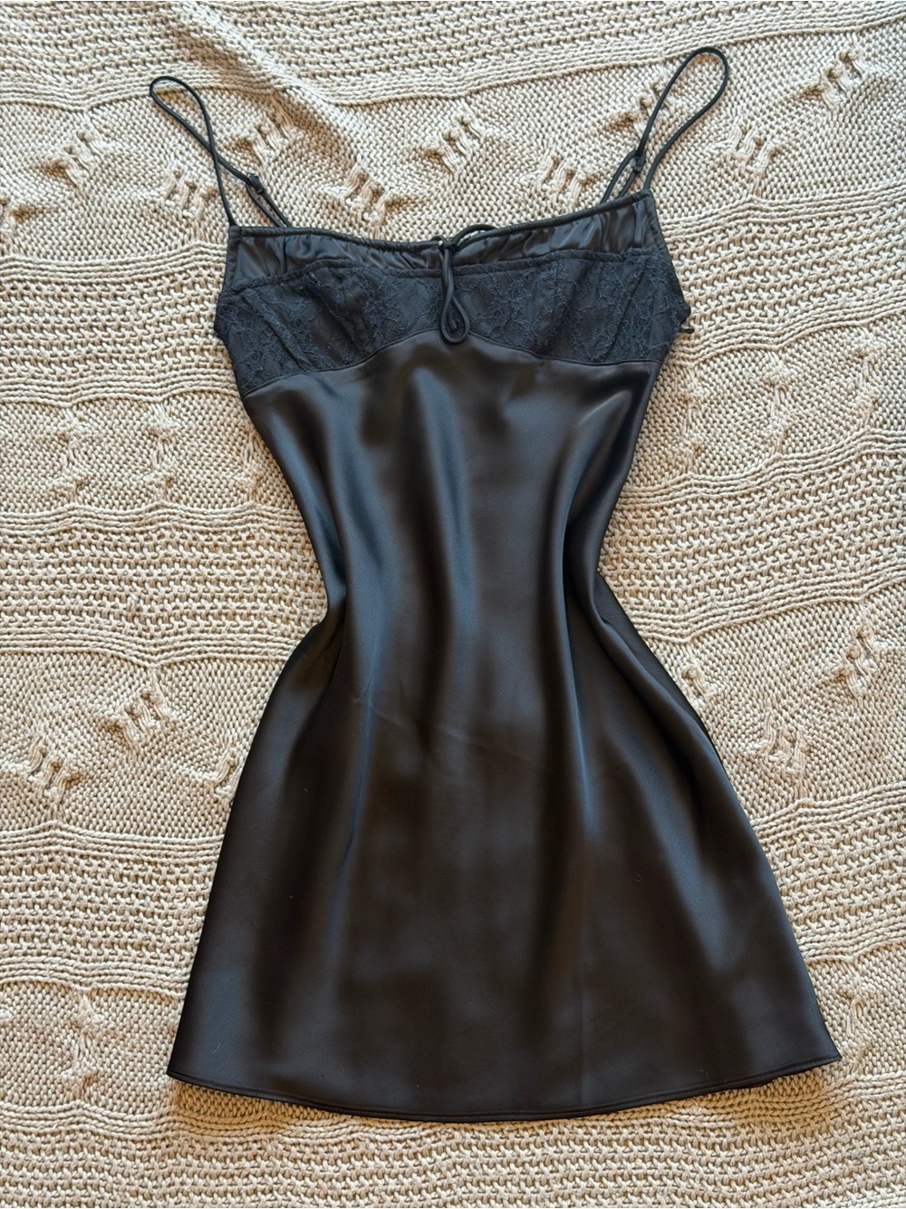 Urban Outfitters Black Satin Slip Mini Dress with Lace Trim